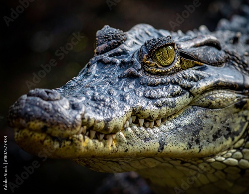 Close-up of a fearsome crocodiles head, showcasing its textured skin and intense gaze.