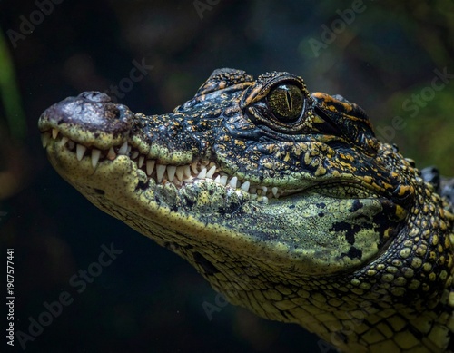 Close-up of a fearsome crocodiles head, showcasing its textured skin and sharp teeth in detail.