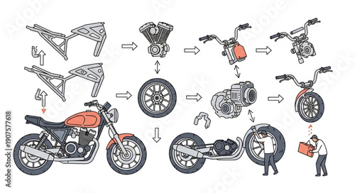 Motorcycle Assembly Diagram and Parts Illustration.