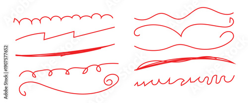 Red hand drawn brush stroke underline set with rough ink texture. Hand drawn underline and scribble texture element lines and curves for modern graphic design on white background.