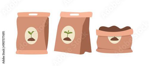 Gardening Essentials Soil and Fertilizer Bags with Sprout Icon. Fertilizer Packaging. Soil and Nutrient Bags. Garden Care Essentials. Compost Bags for Gardening