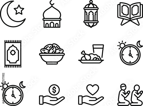 Collection of Islamic cultural icons related to Ramadan, including a mosque, prayer mat, dates, food, and people praying, symbolizing faith and celebration