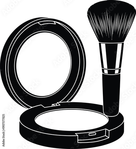 Black and White Vector Illustration of a Professional Makeup Powder Compact with an Open Mirror and a Large Fluffy Cosmetic Brush for Beauty Concepts