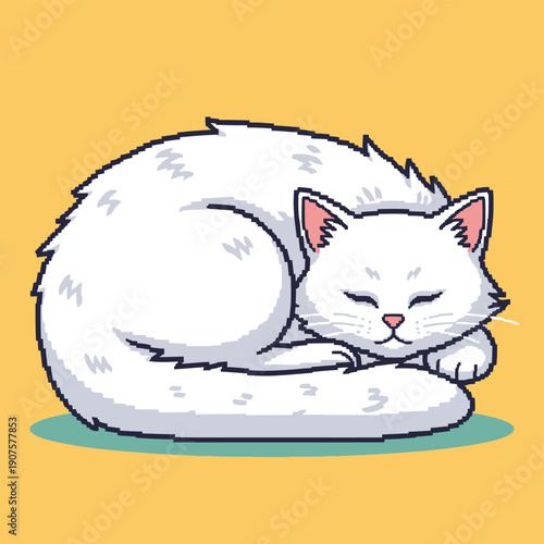 Sleeping White Cat Cartoon Illustration.