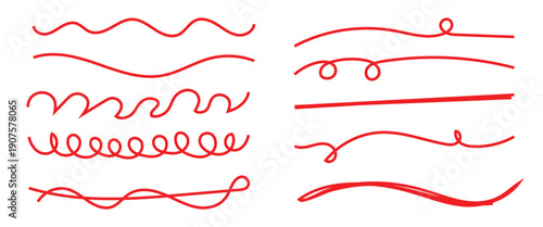 Red hand drawn brush stroke underline set with rough ink texture. Hand drawn underline and scribble texture element lines and curves for modern graphic design on white background.