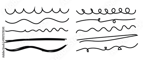 Marker scribble elements collection. Hand drawn strokes, underlines. Simple brush stocks calligraphy effects ideal for business, school presentation. Doodle set isolated on white background.