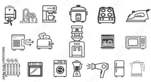 Home appliance line icon set – kitchen and household electronics outline vector collection
