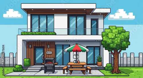 Modern Two Story House with Outdoor Living Space and Greenery.