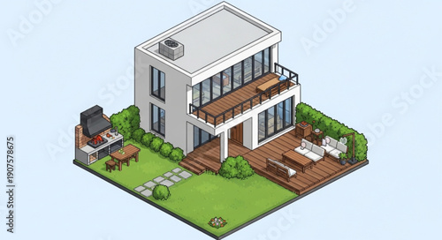 Modern Two Story House With Outdoor Living Space and Grill.