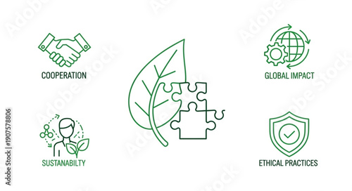 Environmental Sustainability Icons with Leaf and Puzzle Pieces.