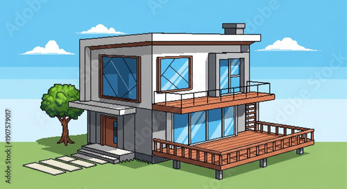 Modern Two Story Pixel Art House With Balconies And Tree.