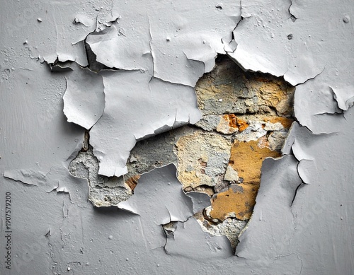 Close-up of peeling paint on a weathered wall, revealing the damaged surface beneath.
