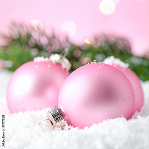 Close-up of pink Christmas ornaments resting on a bed of white snow with green foliage in the background.