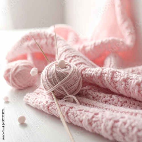 Close-up of pink yarn ball with knitting needles and knitted fabric on white surface.