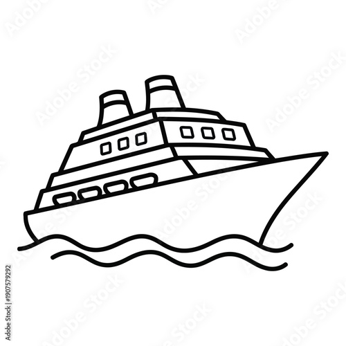 Luxury Cruise Ship on Waves Outline Vector Icon for Travel and Vacation Concepts