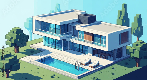 Modern voxel style luxury house with swimming pool and trees.