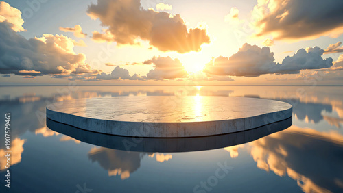 Round concrete platform floating on calm reflective water at sunrise with dramatic cloudscape and warm sunlight creating serene atmospheric mood