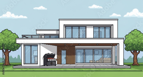 Modern White House with Large Windows and Trees.