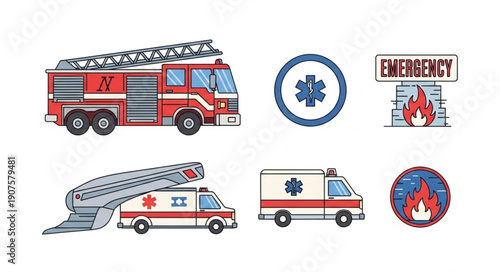 Emergency services vehicles and symbols illustration.