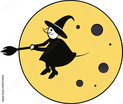 A fun cartoon vector illustration of a funny Halloween witch character with a hat flying her broom across the moonlit night sky