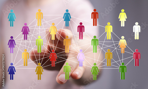 Hand reaching towards a network of connected people icons. Represents community, teamwork, and global connectio