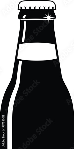 Black and white vector illustration of a glass beer bottle with blank neck label and metal crown cap isolated on white background for design