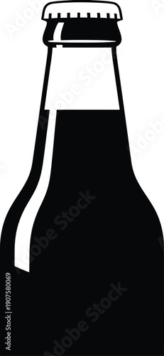 Black and white vector illustration of a glass beer bottle with a metal crown cap and liquid isolated on a white background for design