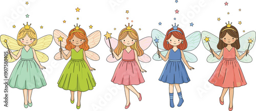 Cute fairy girls vector set with colorful dresses wings magic wands and stars isolated on white background for fantasy nursery designs