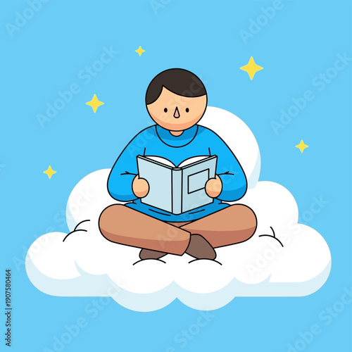 Boy Reading Book on Cloud.