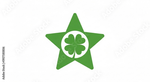 Green star symbol with four leaf clover inside white circle on white background