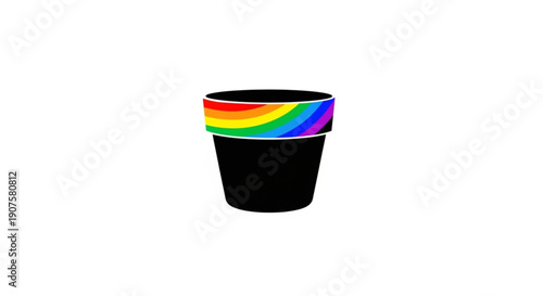 Black plastic cup with rainbow colored rim on white background