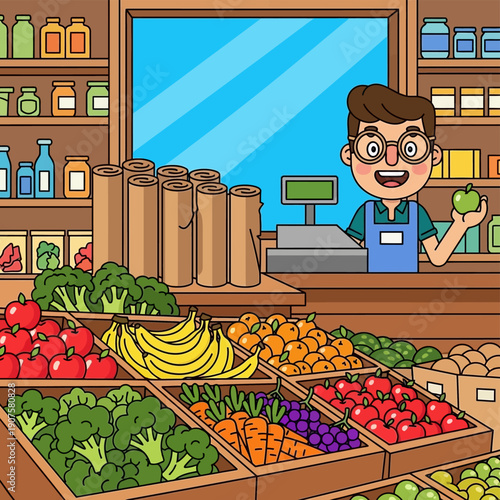 Cartoon Grocery Store Clerk Holding Produce.