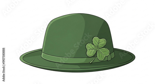 Green bowler hat with shamrock decoration on white background