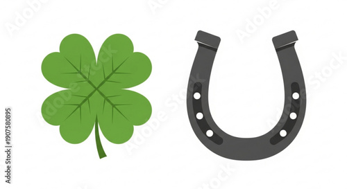 Lucky four leaf clover and horseshoe on white background symbolizing good fortune