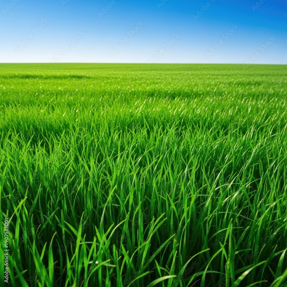 Fototapeta premium A peaceful, sweeping view of a vast, intensely green, verdant meadow under a bright clear blue sky, suggesting health, growth, and natural beauty, fresh, natural beauty, slope