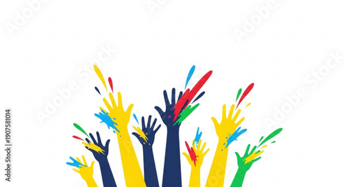 Diverse hands raised in celebration with colorful paint splashes on white background