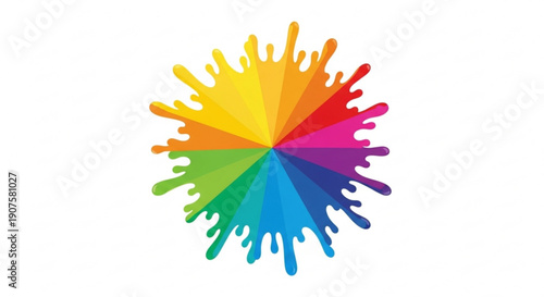 Vibrant colorful paint splatter in rainbow hues on white background