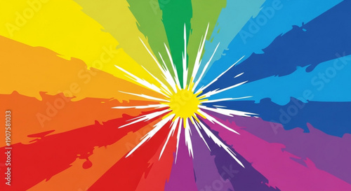 Vibrant rainbow colors explode from a bright yellow sunburst center