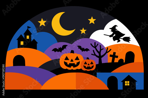 Spooky Halloween Night Landscape Illustration. Flat Design Scene with Flying Witch, Pumpkins, Bats, and Haunted Mansion.