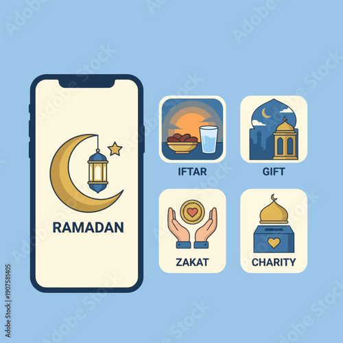 Mobile app concept for Ramadan, offering spiritual tools for Iftar, gift giving, Zakat, and charity, enhancing observance and community engagement during the sacred holy month