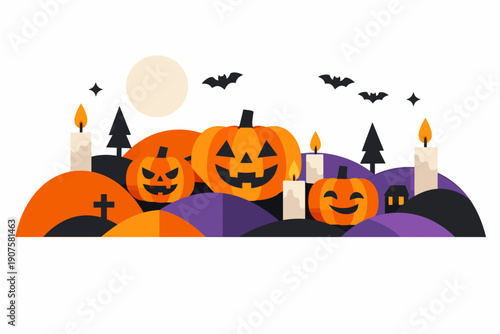 Halloween Night Landscape Vector Illustration: Carved Jack-o'-Lantern Pumpkins, Flying Bats, Full Moon, and Lit Candles on Spooky Hills.