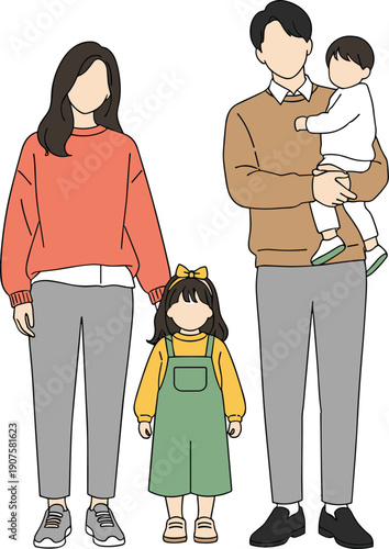 Happy family portrait vector illustration with parents and two children standing together isolated on white background for lifestyle and parenting concepts