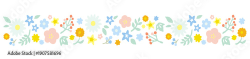 Pastel floral border with hand drawn flowers, seamless decorative vector frame