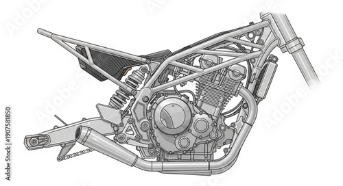 Motorcycle Engine Frame Detailed Mechanical Illustration.