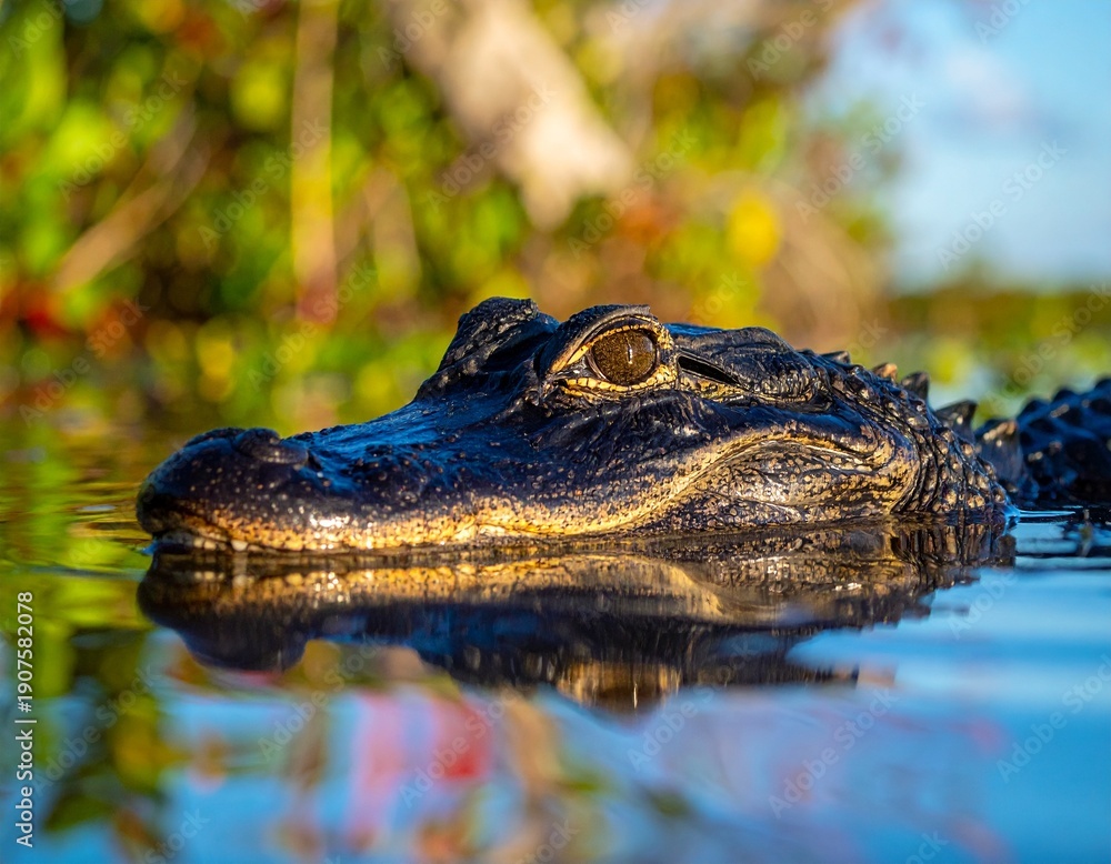 Obraz premium Close-up of an Alligators Head in Calm Water, Reflecting Sunlight and Natures Beauty.