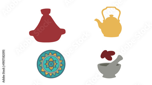 Food icons including traditional tagine, tea, and various dishes illustration