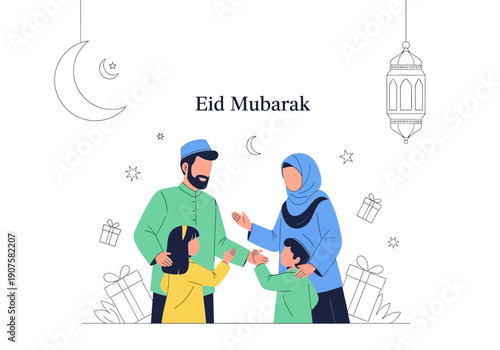 Happy Eid Mubarak Greeting Card Featuring a Muslim Family with Gifts and Traditional Decorations