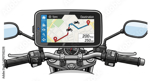 Motorcycle GPS navigation device mounted on handlebars showing a route.