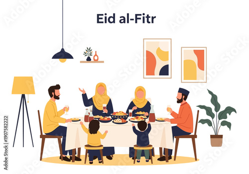 A Muslim family celebrates Eid al-Fitr with a festive meal and warm gathering, filled with joy and togetherness