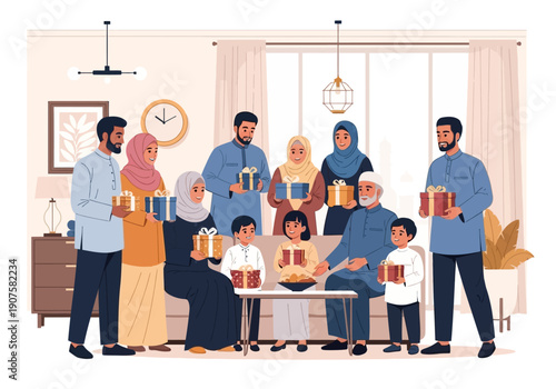 A Generational Muslim Family Exchanging Gifts During a Celebration in a Cozy Living Room